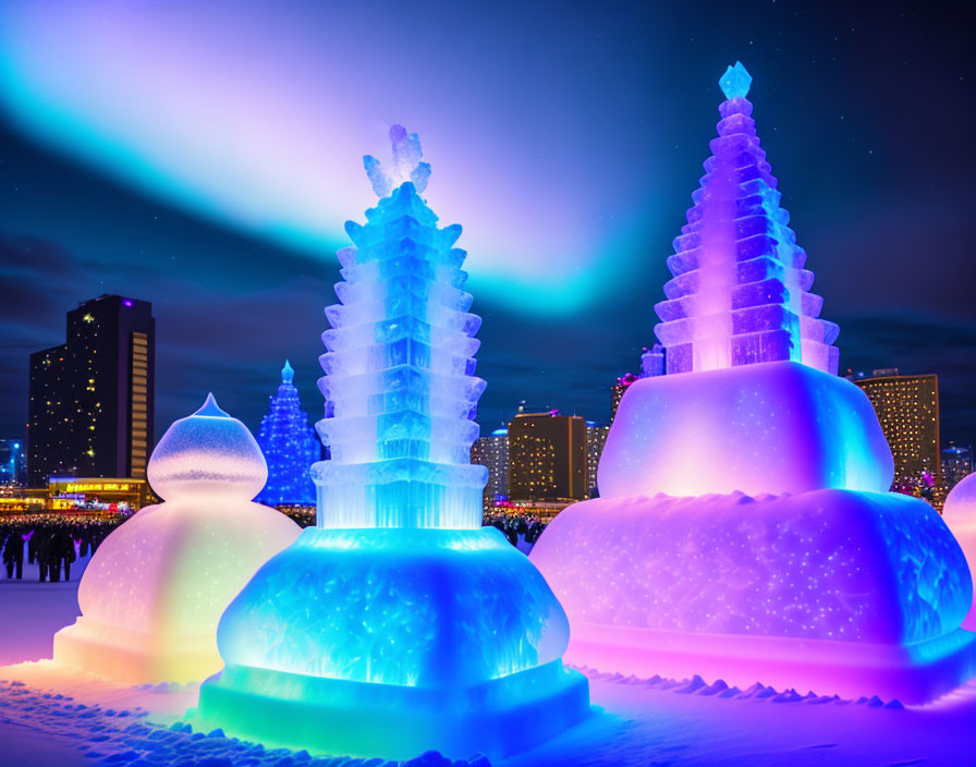 Vibrant ice sculptures under aurora and city skyline