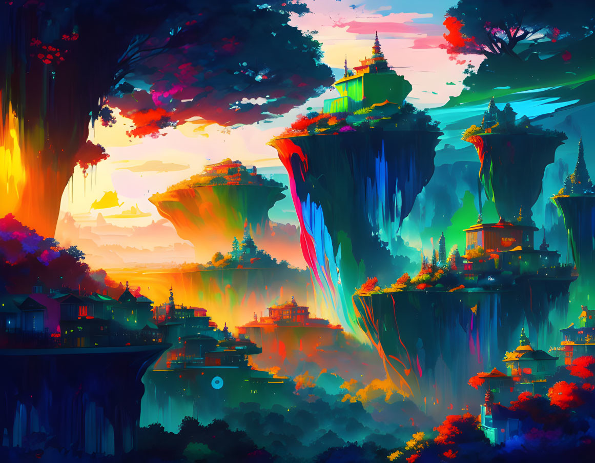 Colorful fantasy landscape with floating islands, waterfalls, pagodas under sunset sky