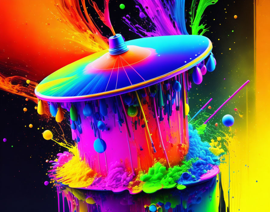 Vibrant abstract UFO shape in colorful paint on dark background