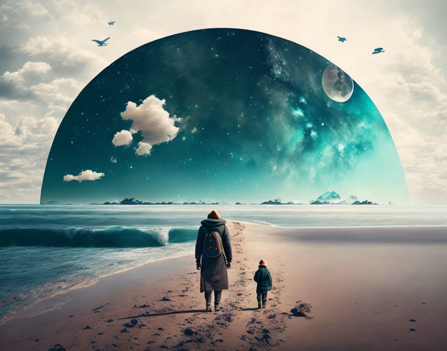 Person and child walking on beach towards surreal cosmic horizon with star-filled galaxy, moon, and flying birds