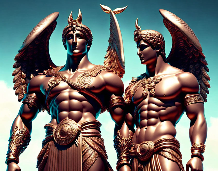 Muscular, Winged Bronze Statues in Armor Holding Spear