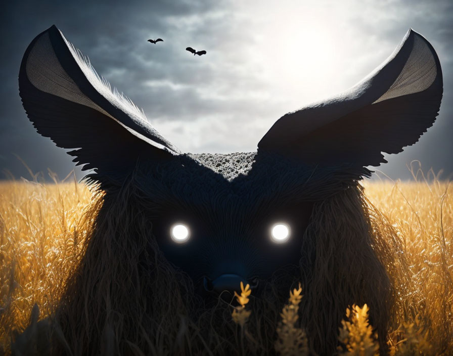 Surreal creature with glowing eyes in wheat fields under gloomy sky