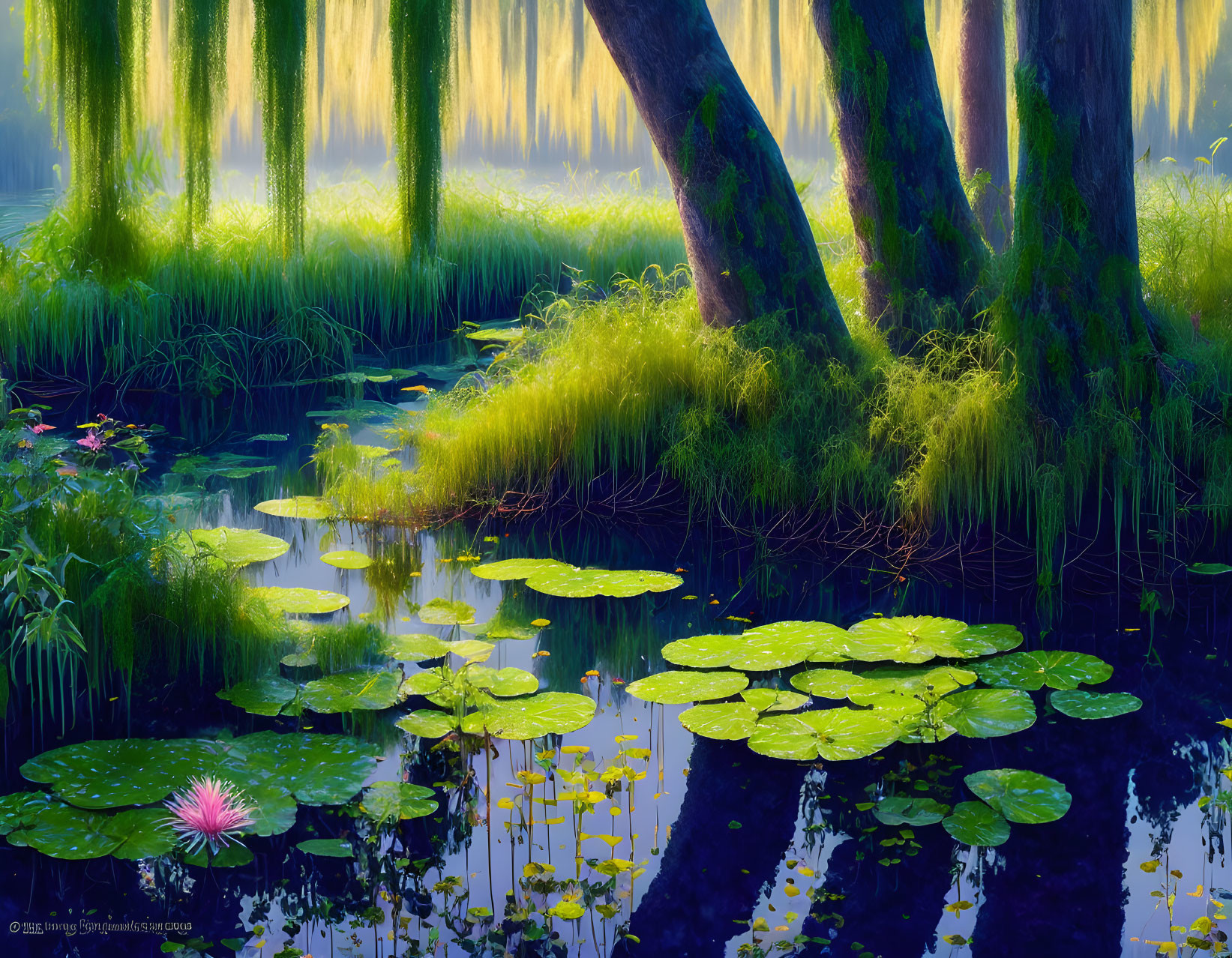 Tranquil woodland scene with green trees, serene pond, pink lily, soft sunlight.