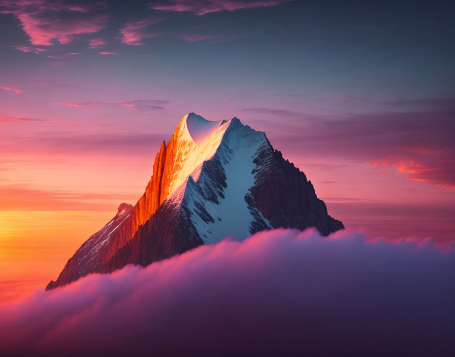 Majestic mountain peak in warm sunlight with pink and orange skies