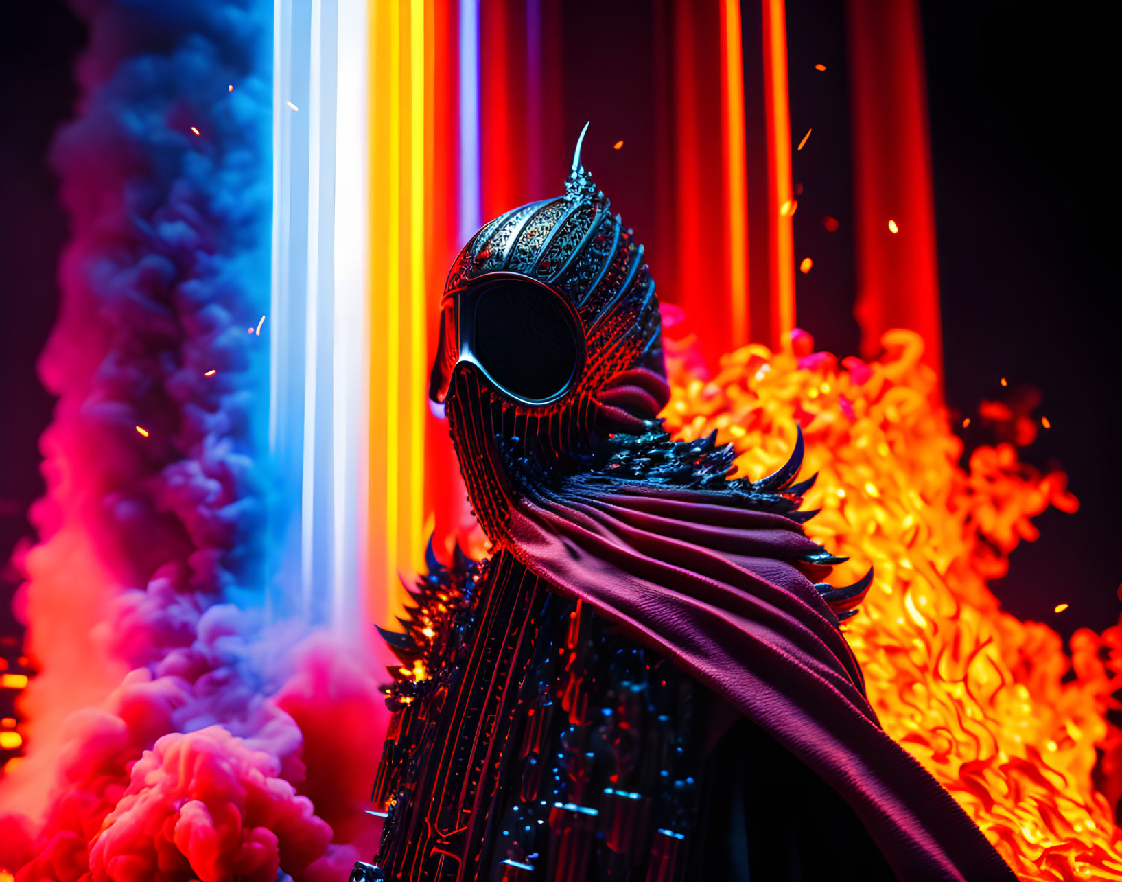 Futuristic figure in metallic suit and cape in neon-lit setting