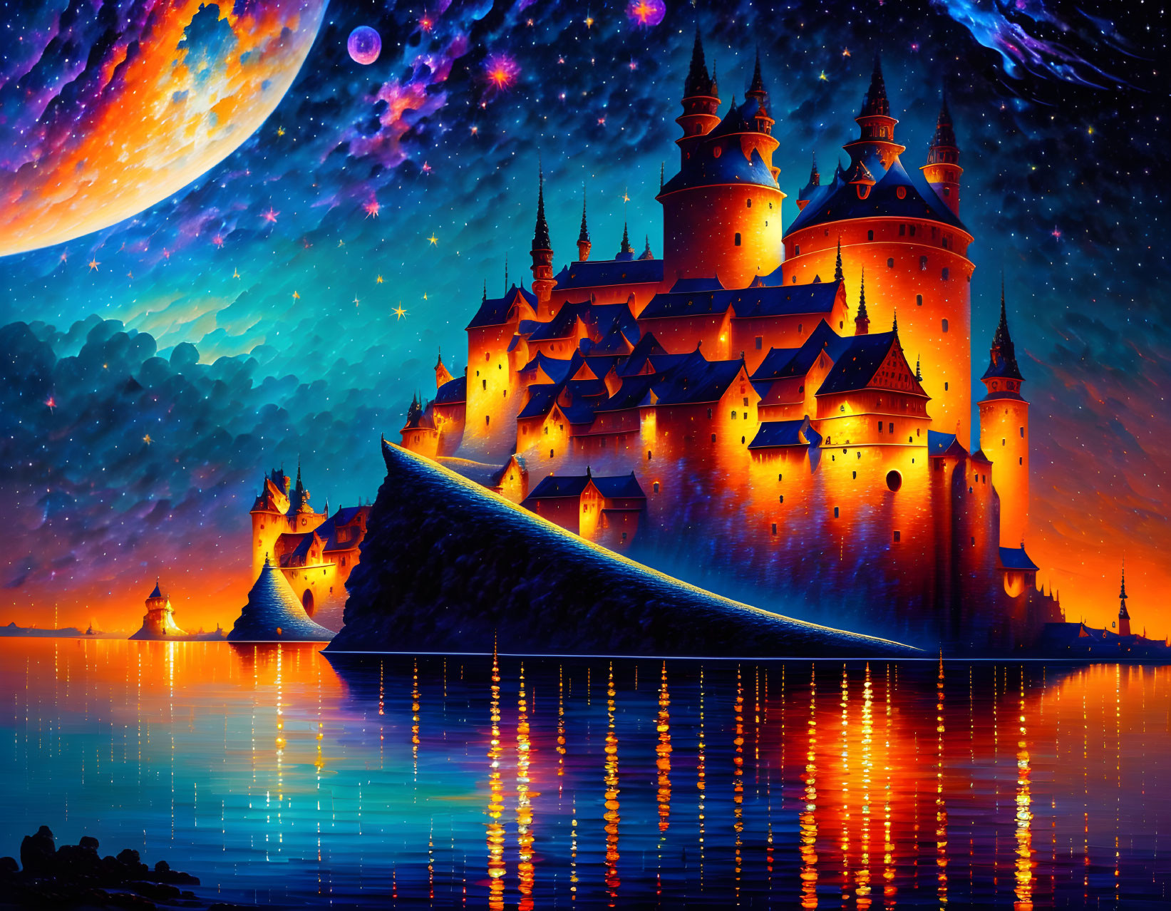 Fantasy castle with multiple towers under starry night sky