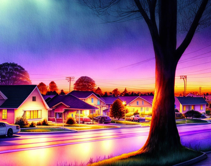 Twilight scene: suburban neighborhood with glowing streetlights