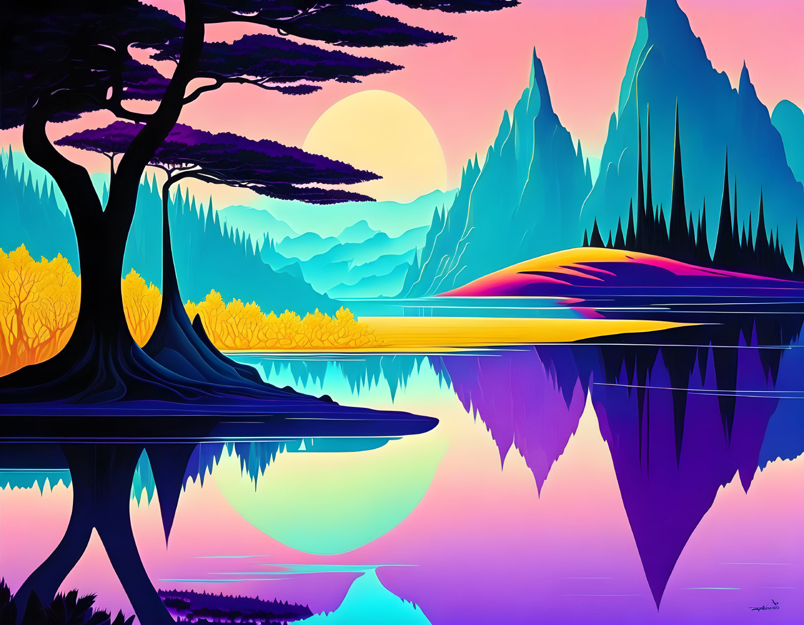 Colorful surreal landscape with reflective lake & stylized mountains