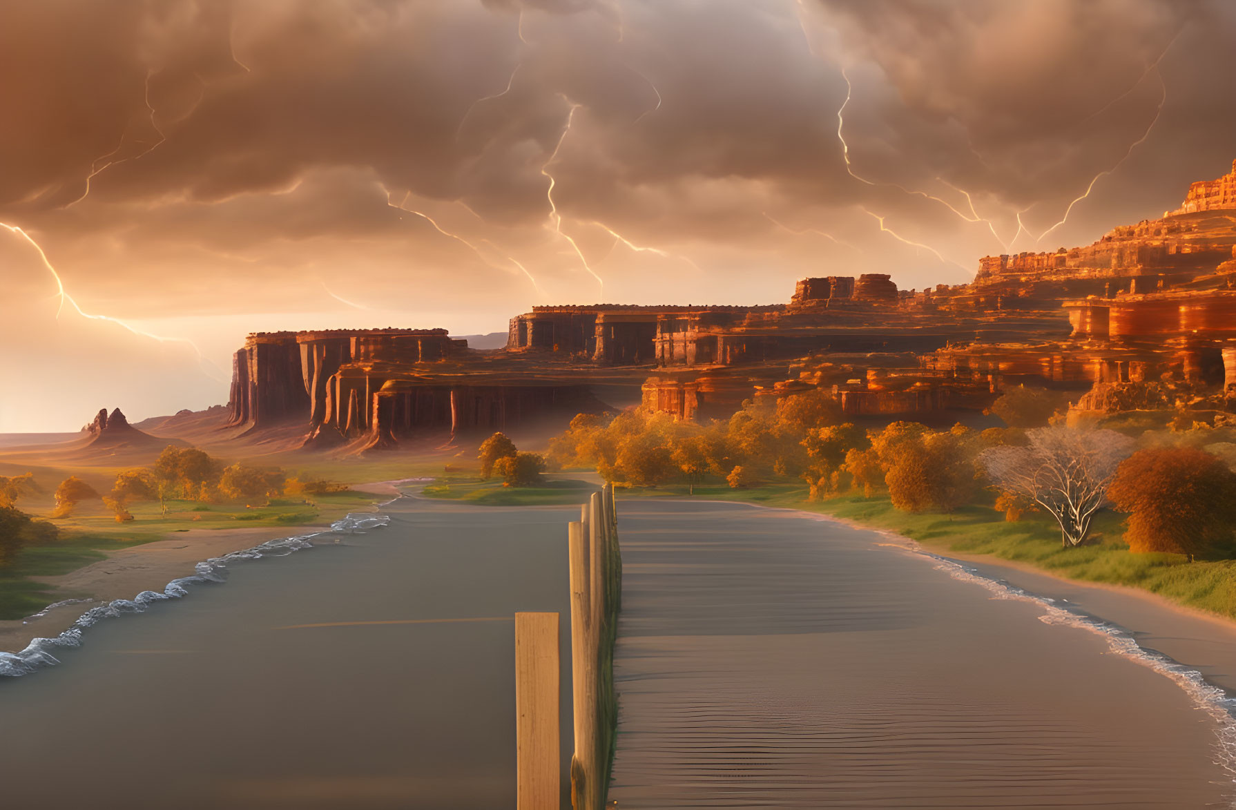 Stormy Sky Over Sandy Road and Towering Cliffs