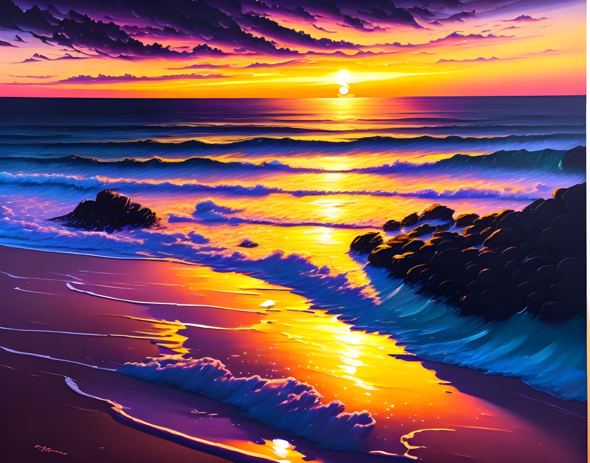 Scenic beach sunset with purple clouds and golden sky