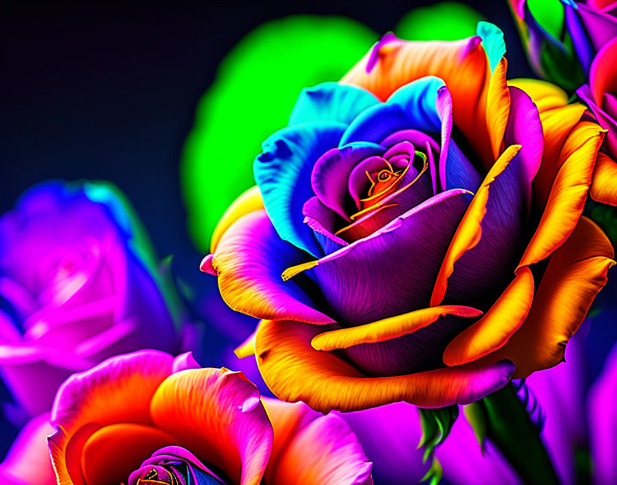 Multicolored fluorescent rose on dark background