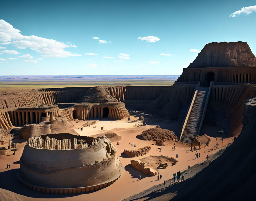 Digital artwork of an ancient desert city with towering structures and people exploring under a clear blue sky