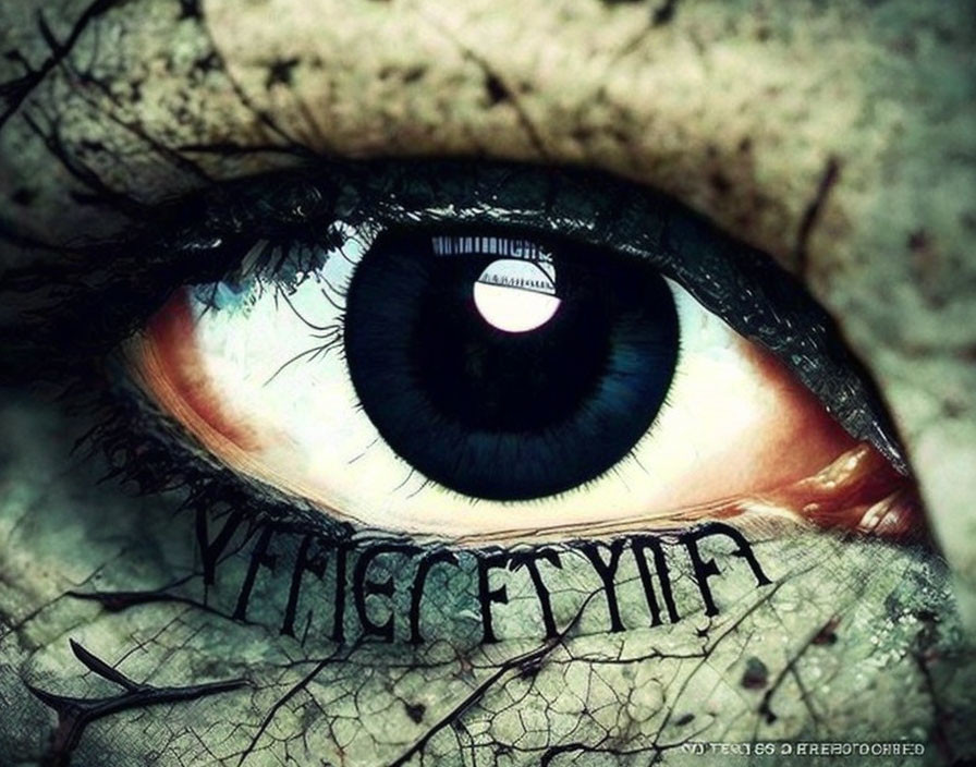 Detailed image of eye with dramatic makeup and cracks, mysterious text overlay.