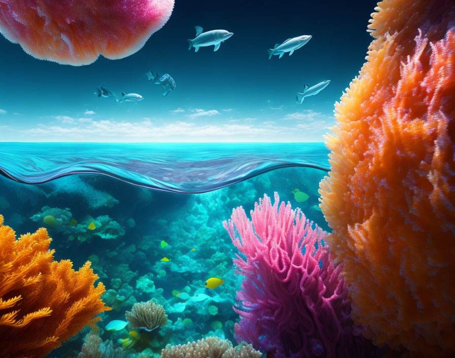 Colorful coral reef with fish in clear blue water