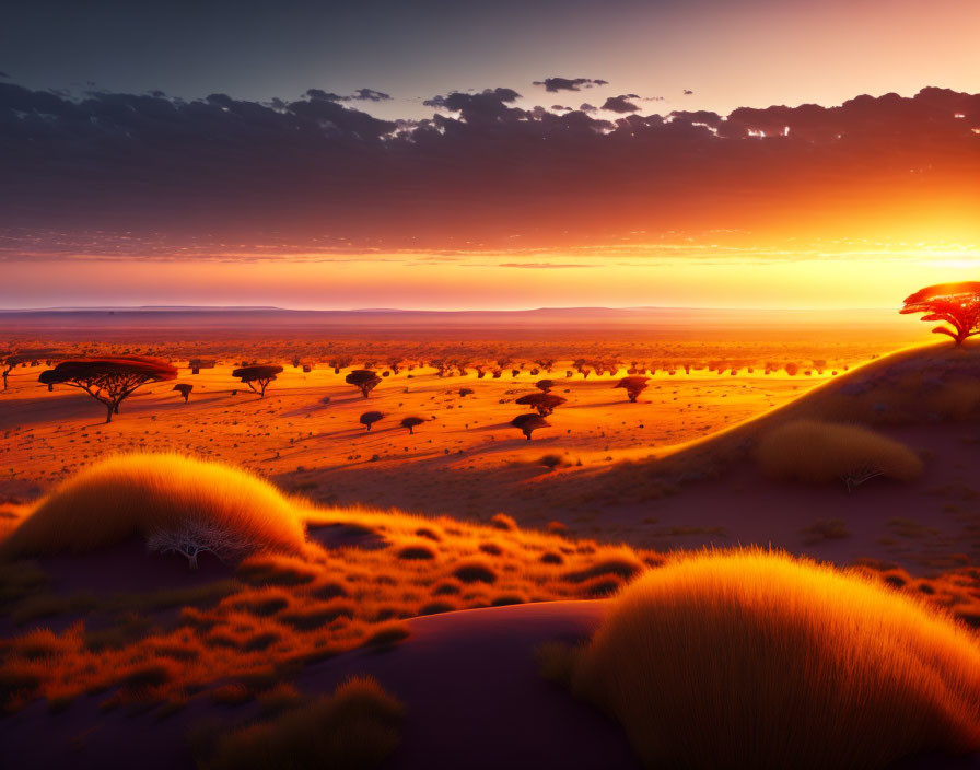 Vivid African Savanna Sunset with Silhouetted Acacia Trees