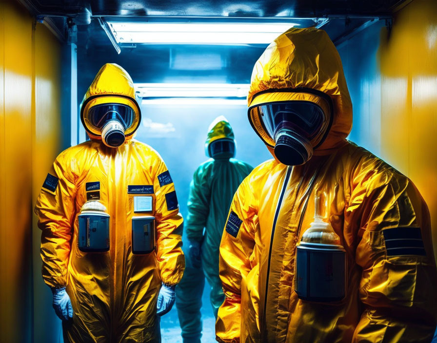 Three individuals in hazmat suits and gas masks in blue-lit corridor