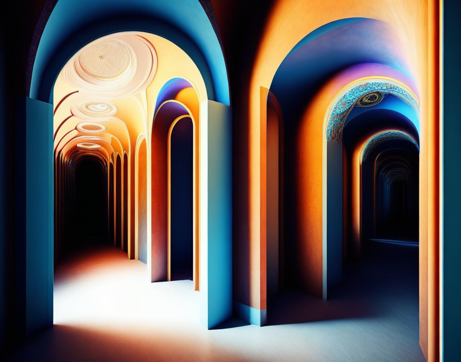 Vibrant surreal corridor with orange, blue, and yellow arches