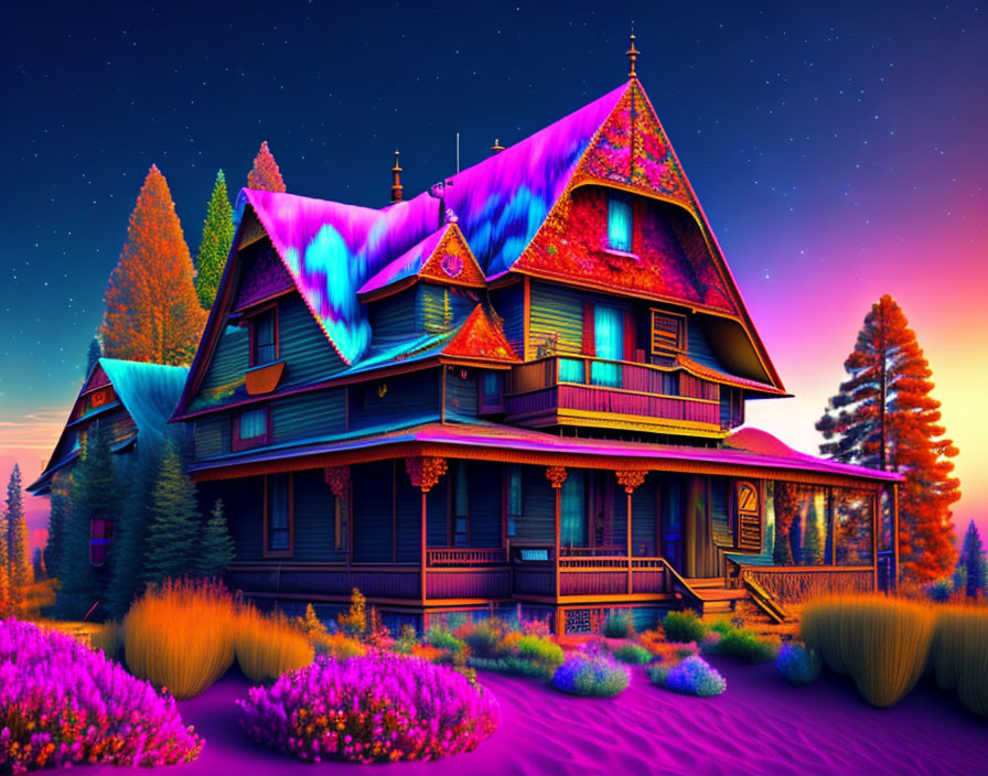 Colorful Victorian-style house with neon-lit exterior against sunset sky.