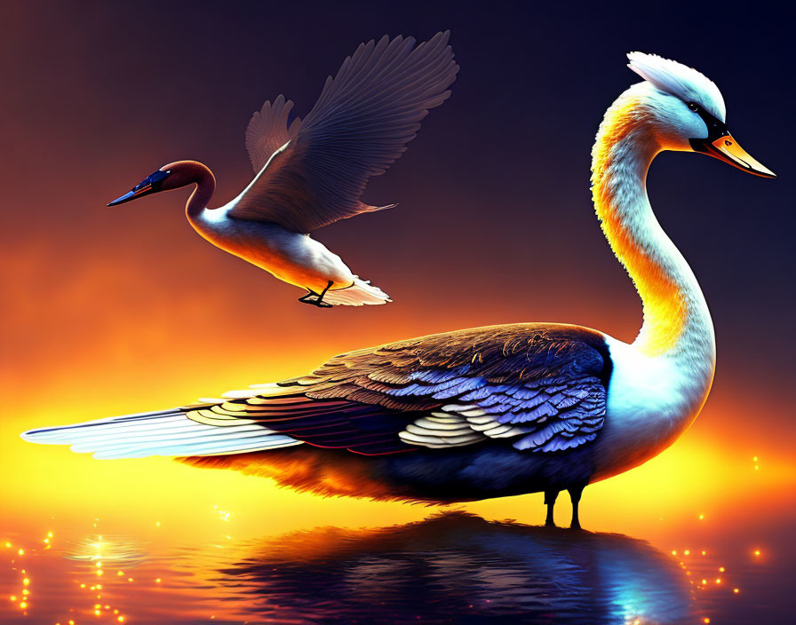 Majestic swan with iridescent feathers at sunset by water