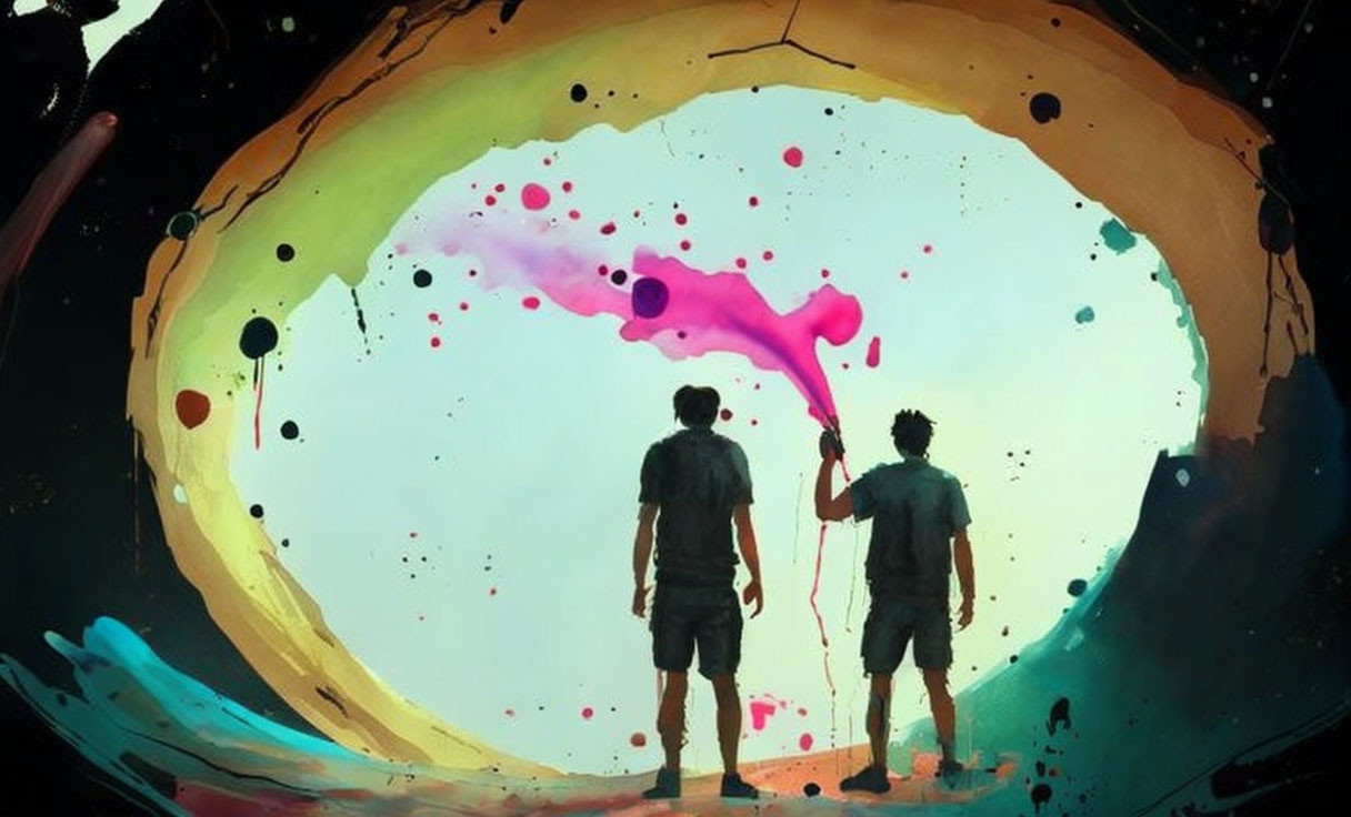 Silhouetted figures against colorful paint on dark backdrop