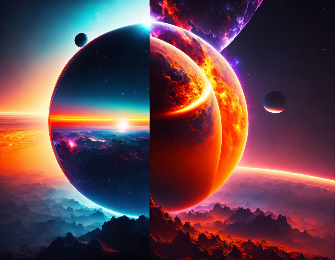 Sci-fi digital artwork: Contrasting blue and red celestial landscapes on alien terrain