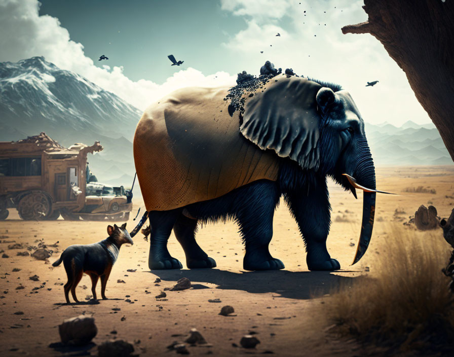 Surreal scene: elephant, dog, broken wagon, birds, mountains