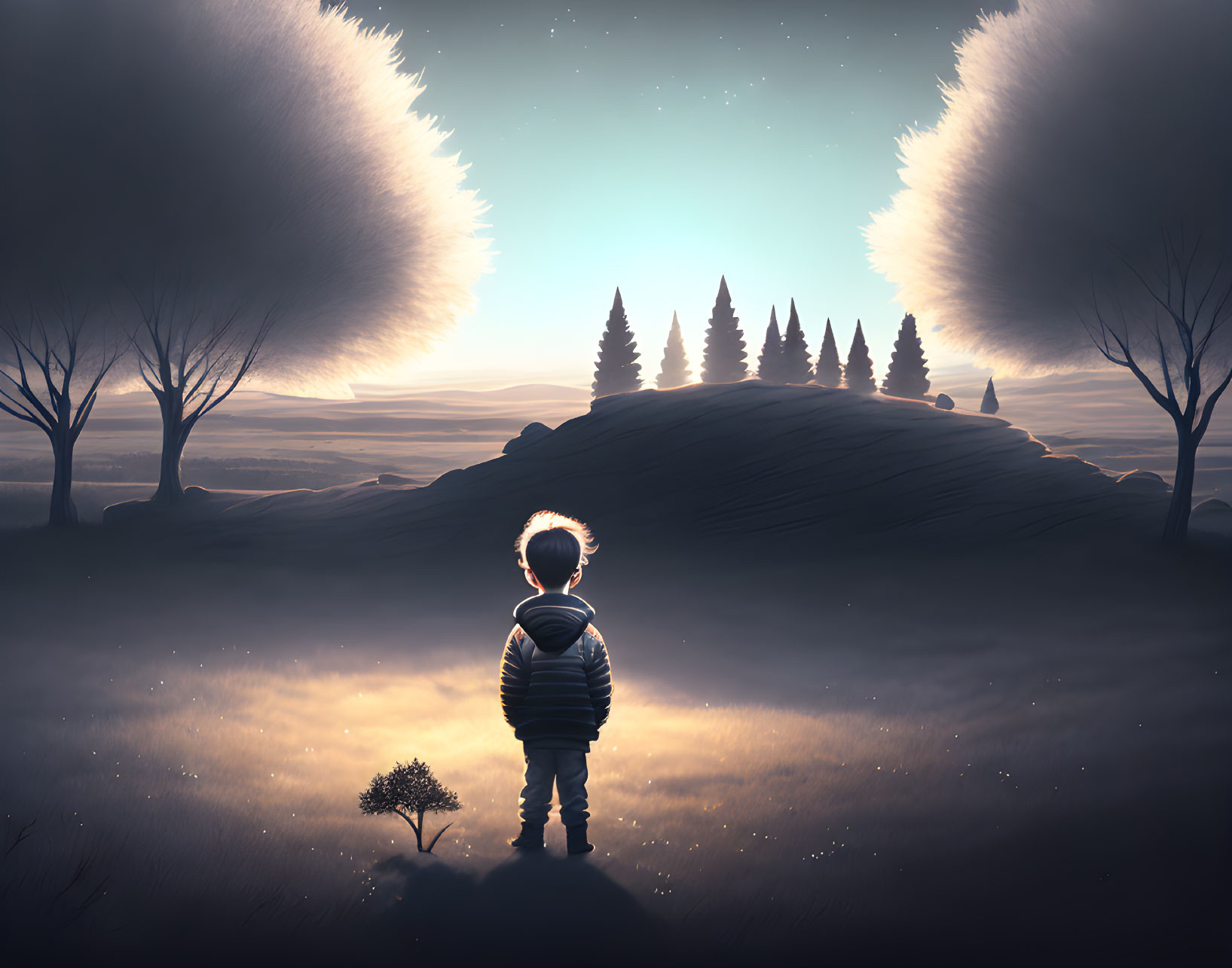 Child with glowing halo in mystical twilight landscape.