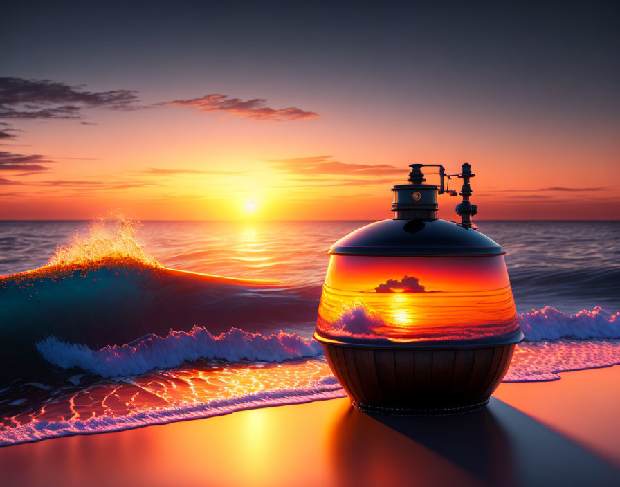 Vibrant sunset reflected on ship-like vessel by the shore