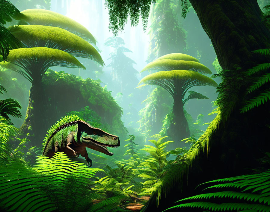 Prehistoric jungle with mushroom-like trees, ferns, and a dinosaur in sunlight.