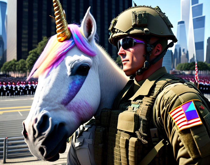 Camouflaged soldier and unicorn at parade