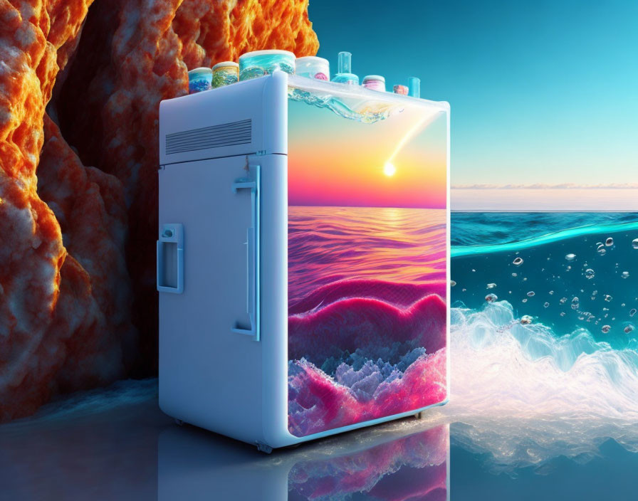 Surreal beach sunset scene with fridge, ocean, rocks, and bottles