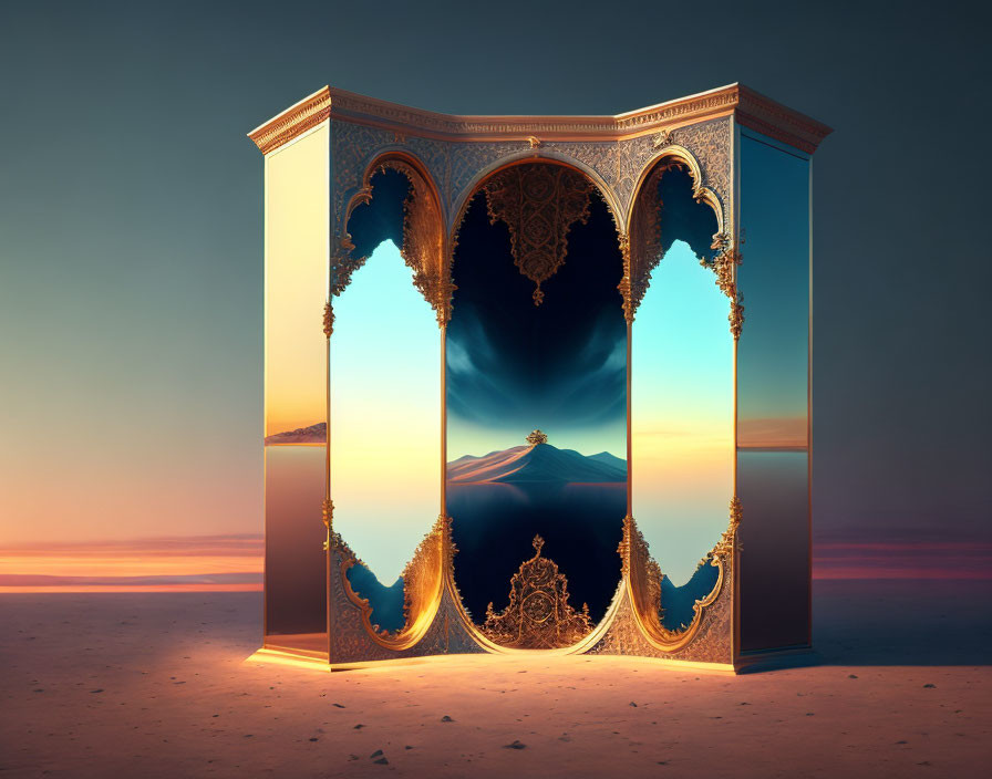 Ornate open door on sandy surface frames mountain scene at dawn to dusk