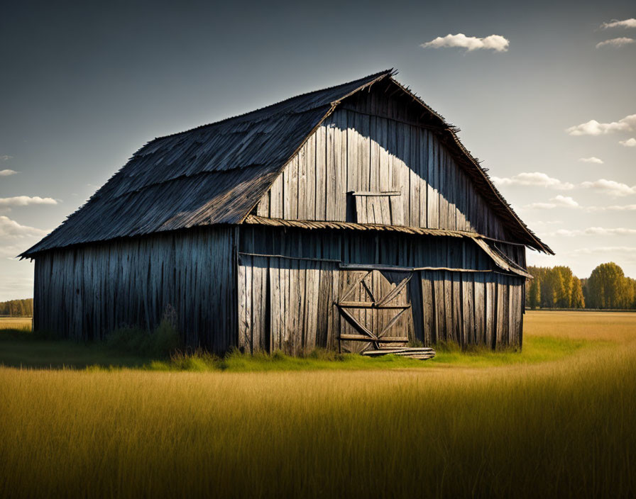 Weathered wooden barn in field under cloudy sky