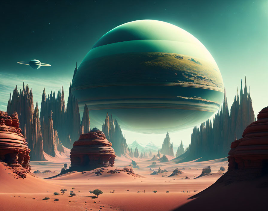 Surreal desert landscape with towering spires and ringed planets