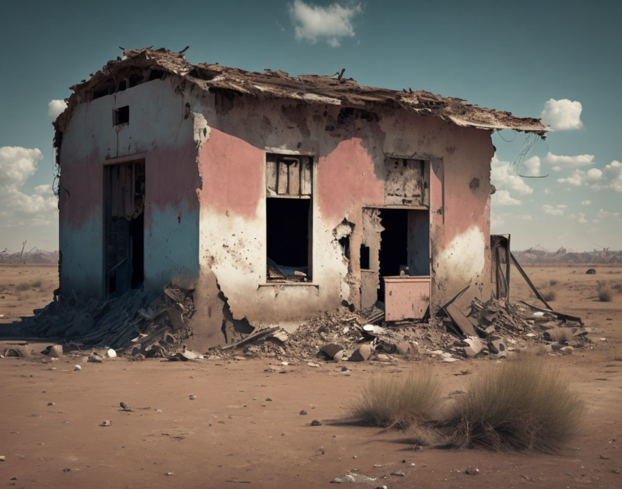 Abandoned building with peeling pink paint in desert setting