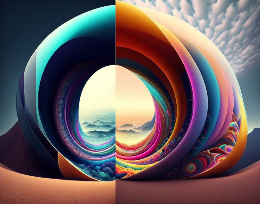 Colorful Surreal Landscape with Layered Loops and Mountain Background