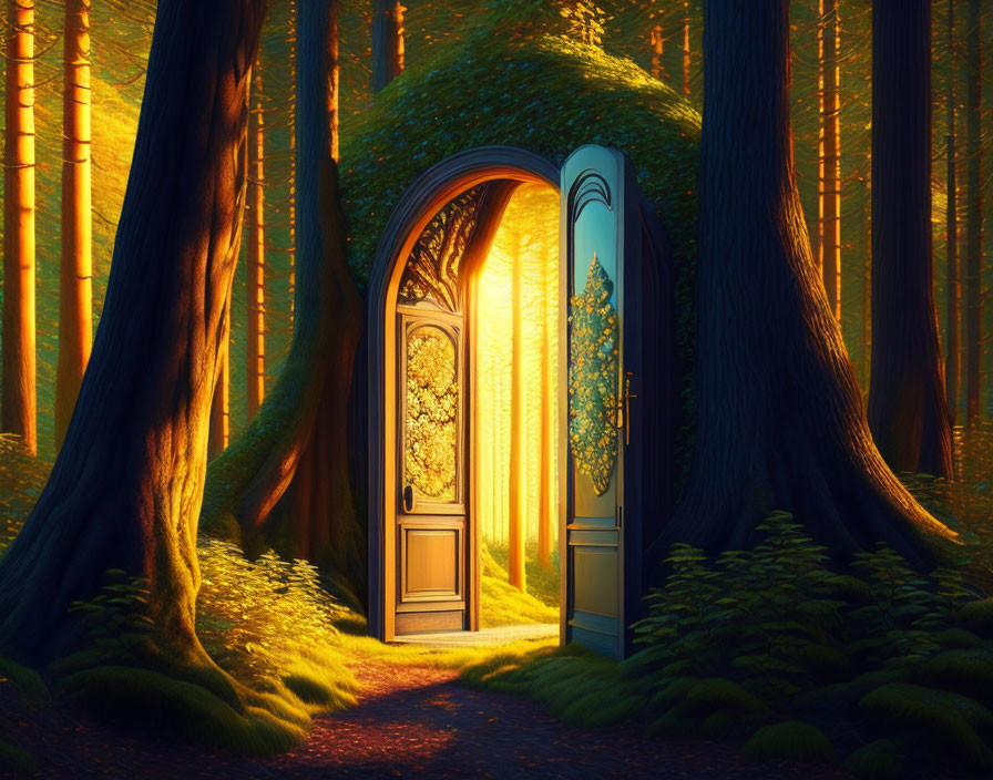 Ornate open door in sunlit forest with majestic trees