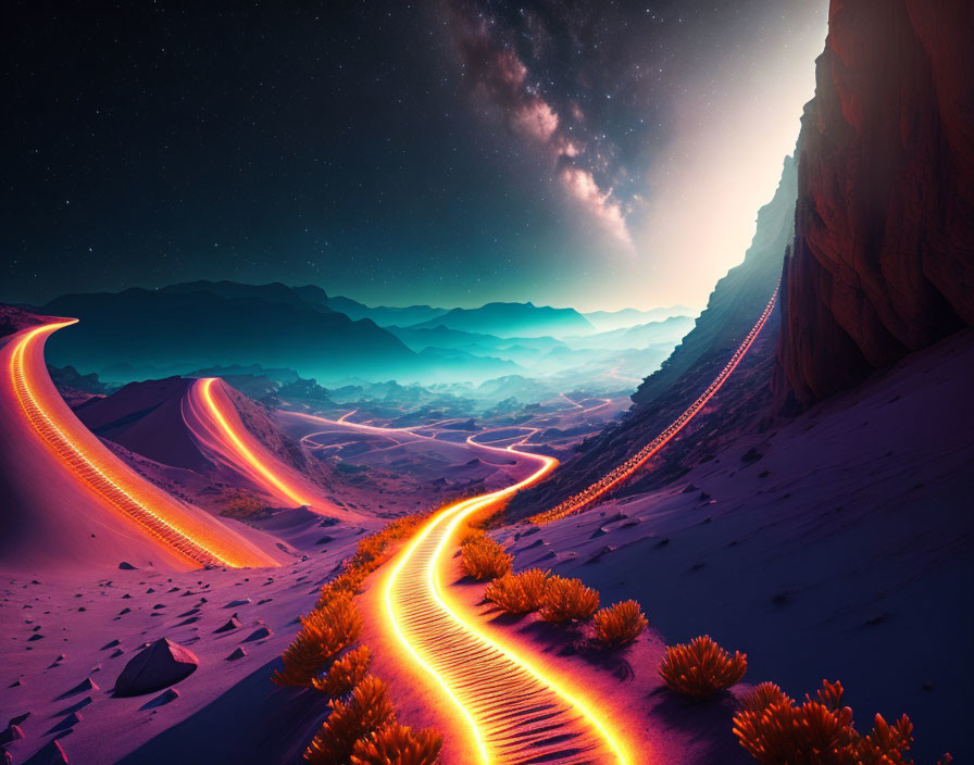 Surreal desert landscape with glowing orange plants and dramatic cliffs