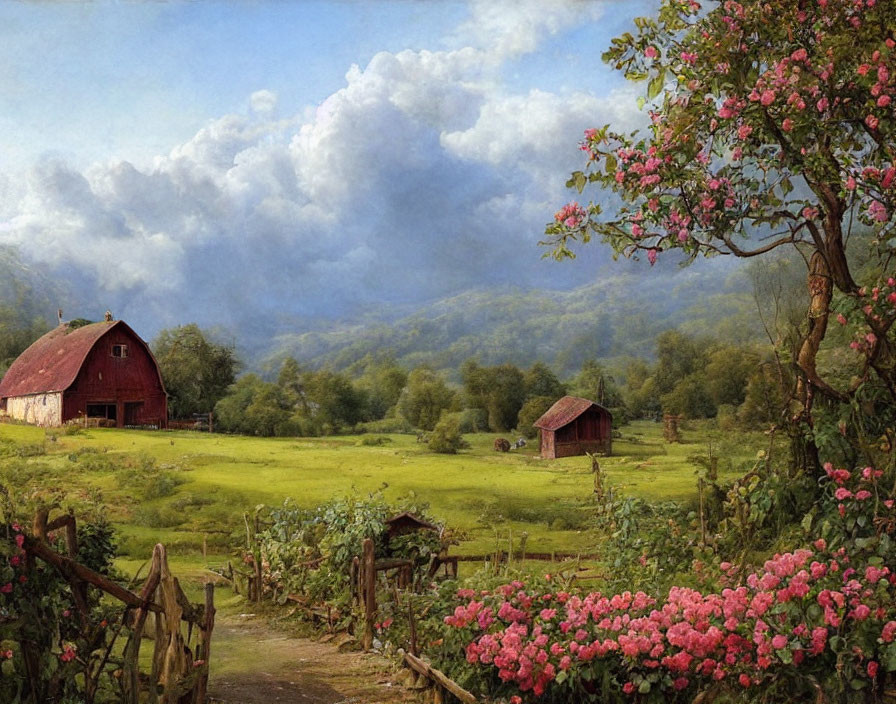 Tranquil rural scene with red barn, green fields, pink flowers, wooden fence