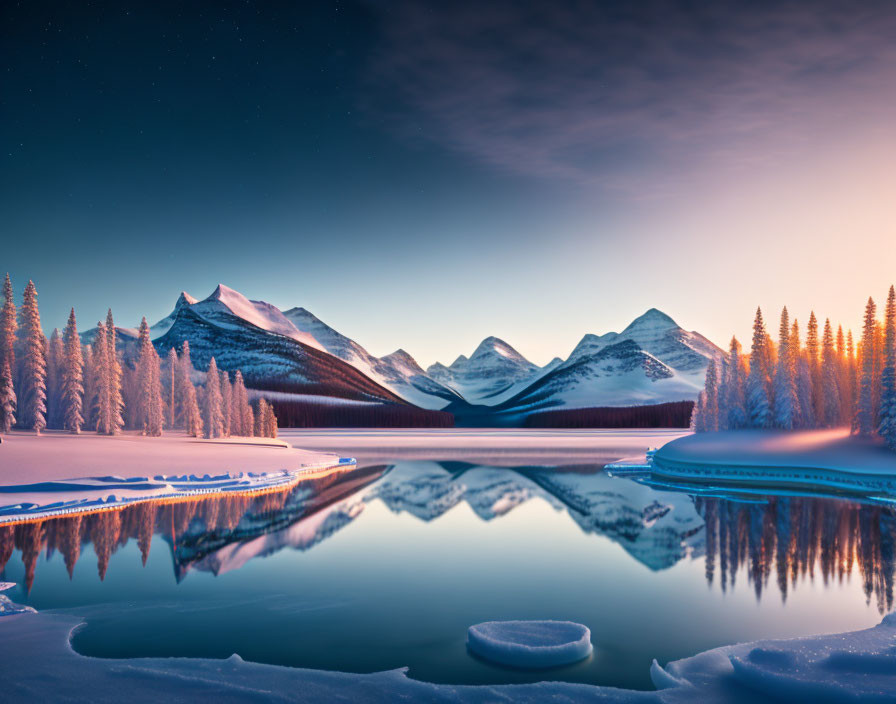 Snow-covered trees, calm lake, snow-capped mountains in serene winter landscape