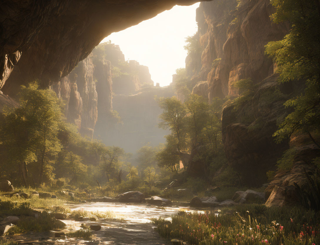 Tranquil river in forested canyon viewed from cave opening