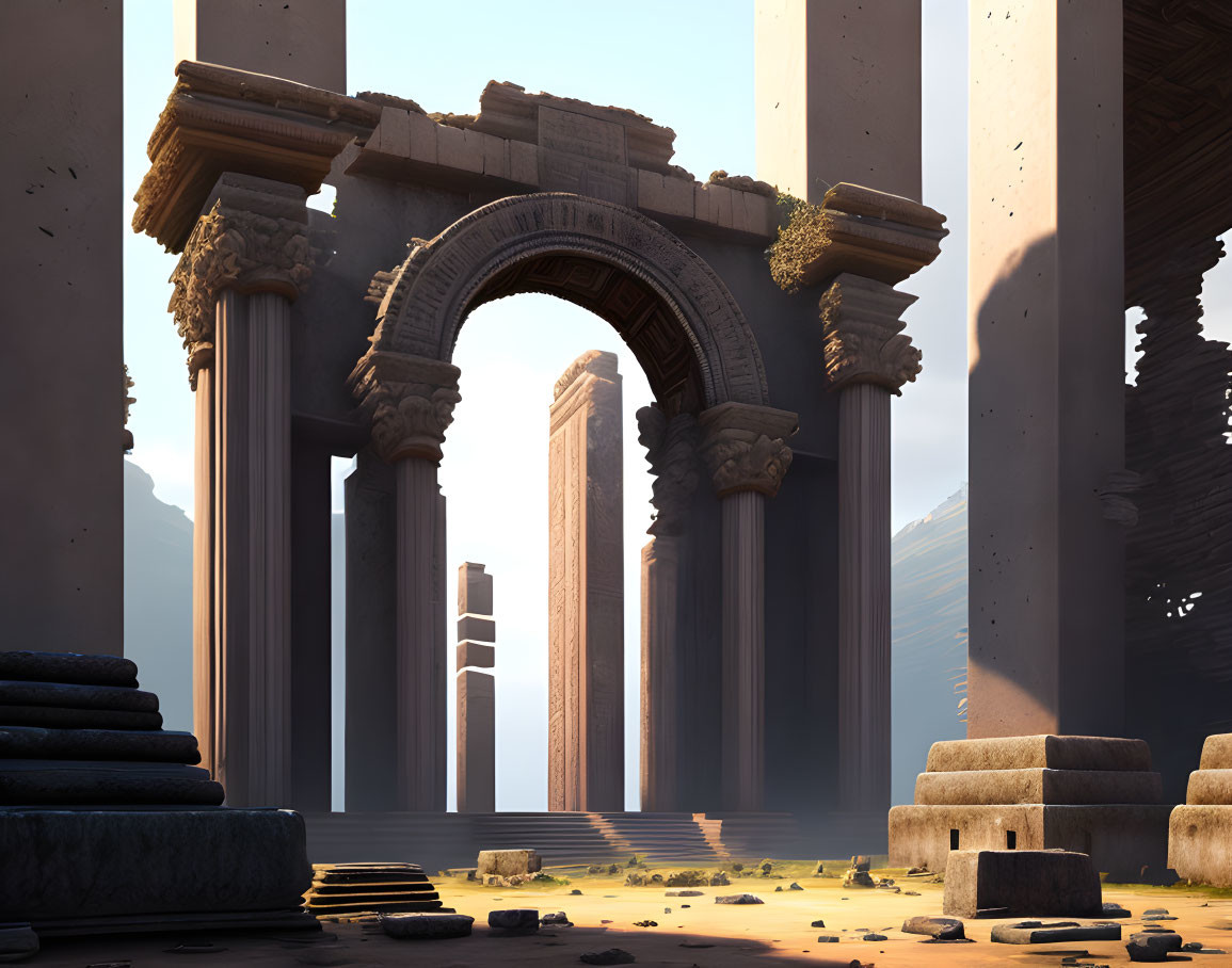 Ancient ruins with towering columns and archway in sunlit desert landscape