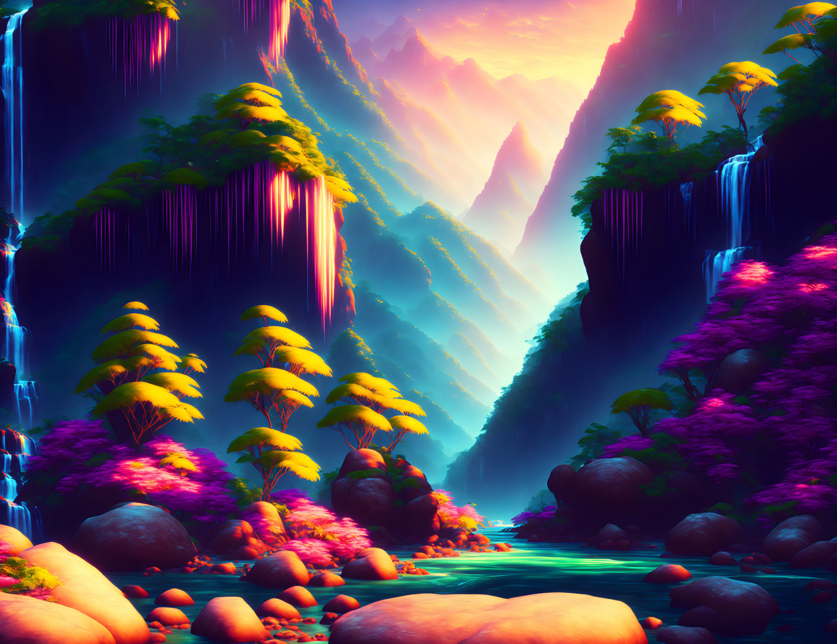 Colorful surreal landscape with waterfalls and serene river