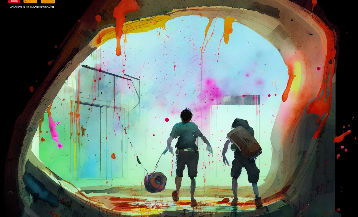 Children in Colorful Paint Splattered Tunnel with Light Ahead