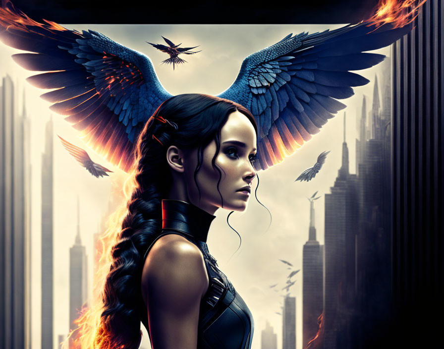 Woman with Large Blue Wings in Dystopian Cityscape with Flames