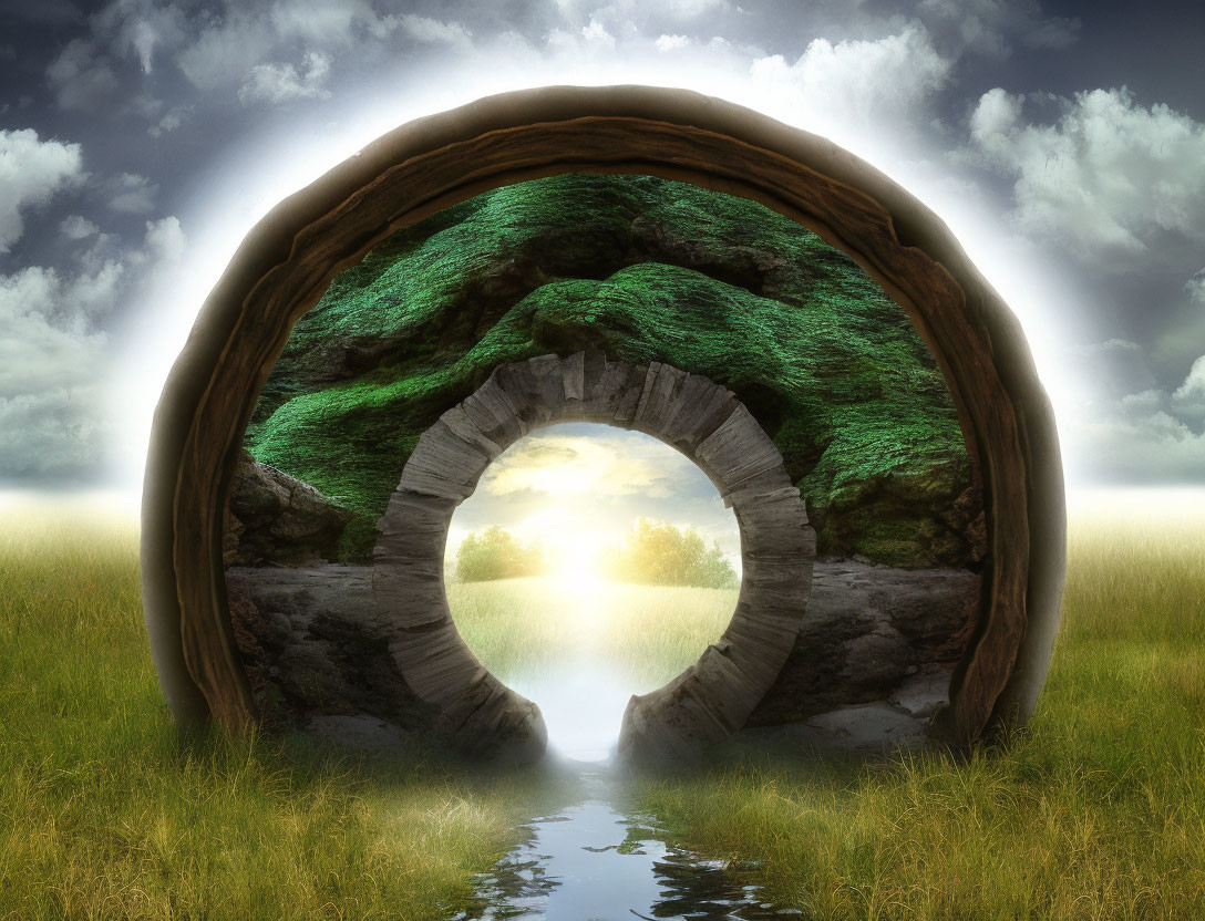 Circular Rock Formations Create Tunnel Effect with Sunlit Landscape & Greenery