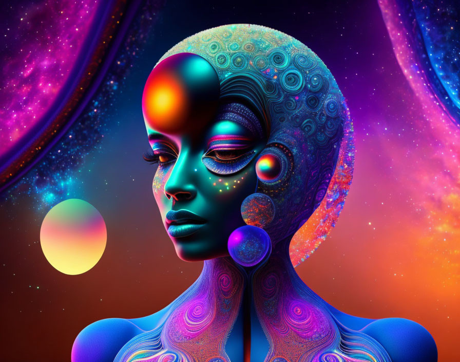 Surreal cosmic-themed female figure artwork with patterned skin and celestial bodies