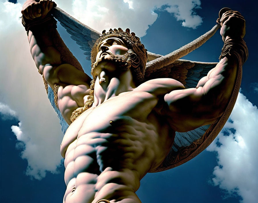 Muscular winged figure in loincloth with chains under cloudy sky