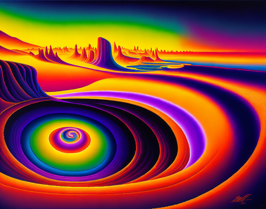 Colorful digital artwork: Psychedelic swirls in purple-orange transition with surreal landscape.