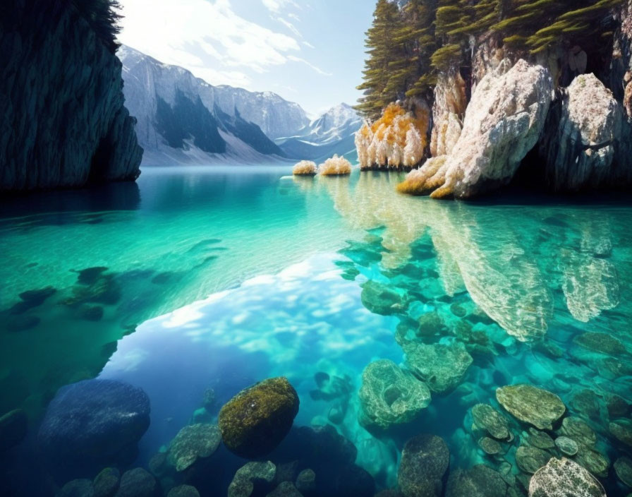 Turquoise Lake Surrounded by Rocky Shores and Forested Mountains